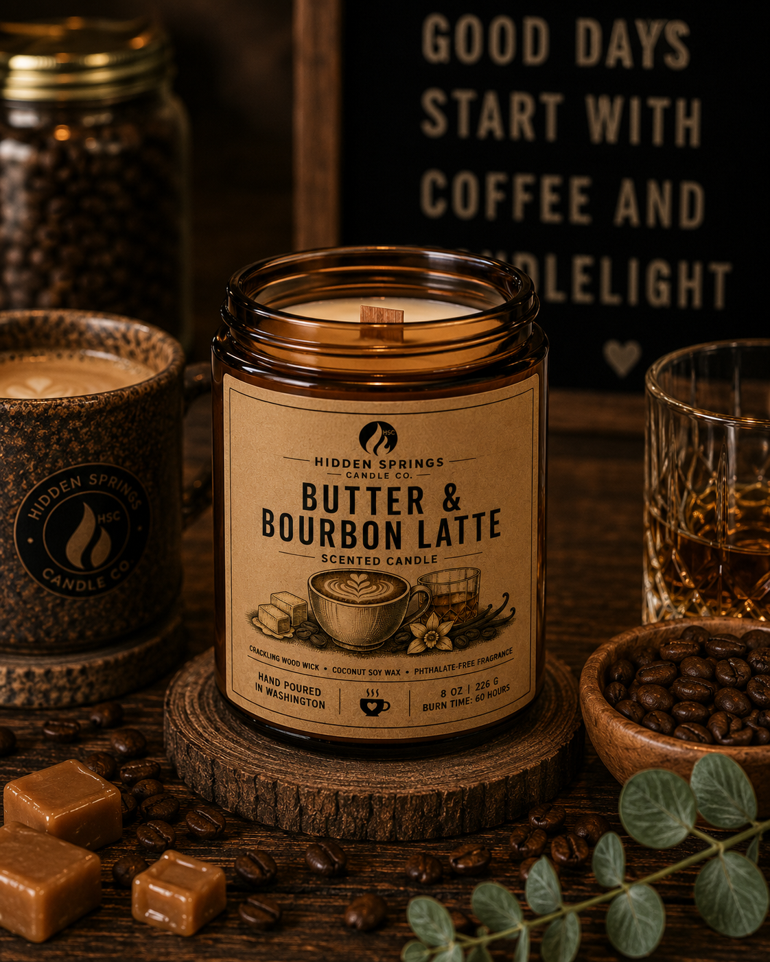 Butter & Bourbon Latte | 8 oz Luxury Crackling Wood Wick Soy Candle