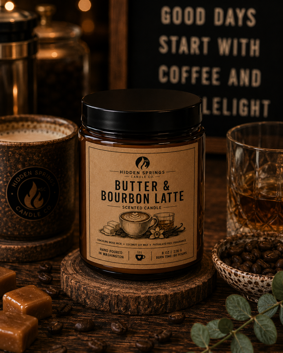 Butter & Bourbon Latte | 8 oz Luxury Crackling Wood Wick Soy Candle