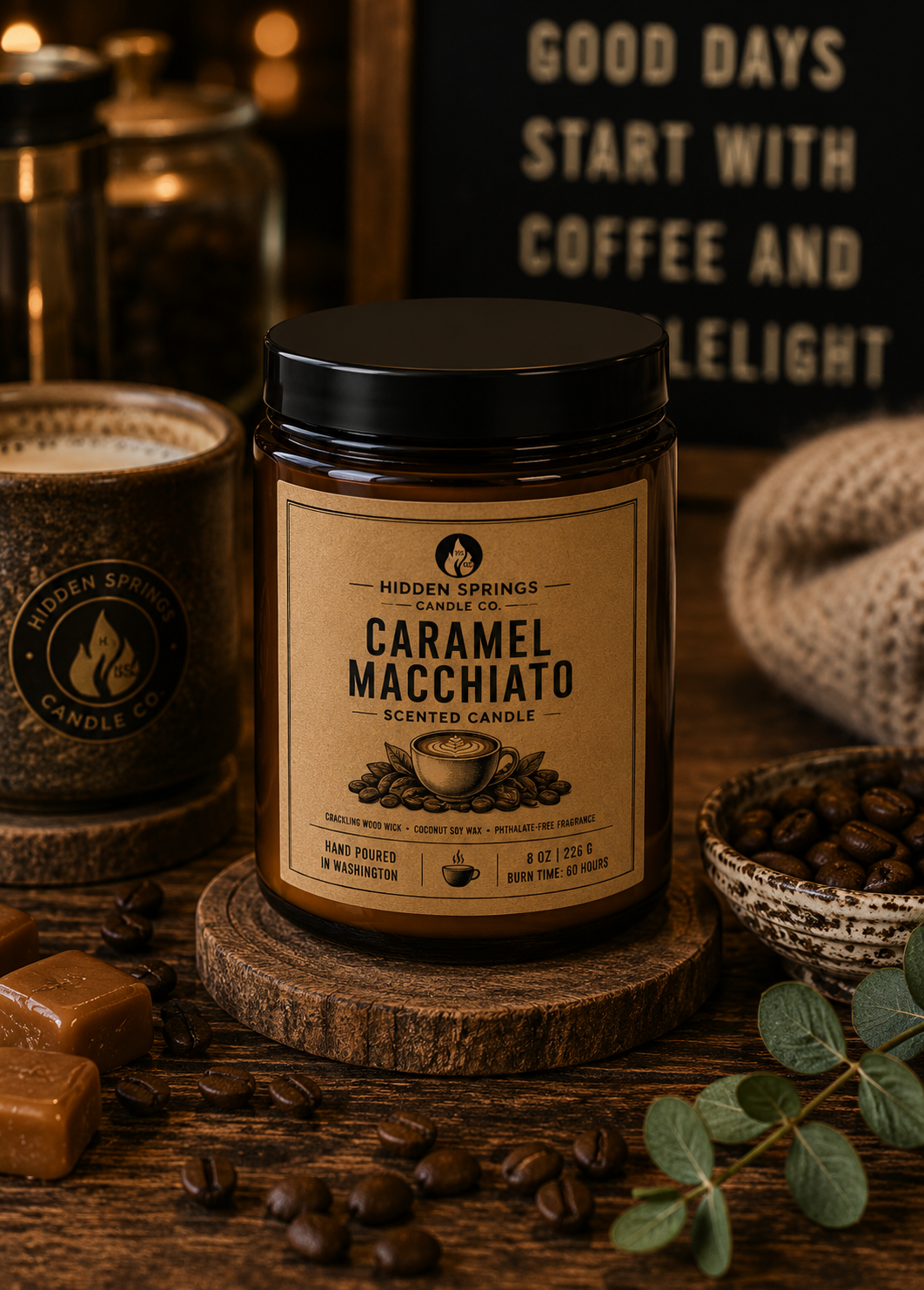 Caramel Macchiato | 8 oz Luxury Crackling Wood Wick Soy Candle