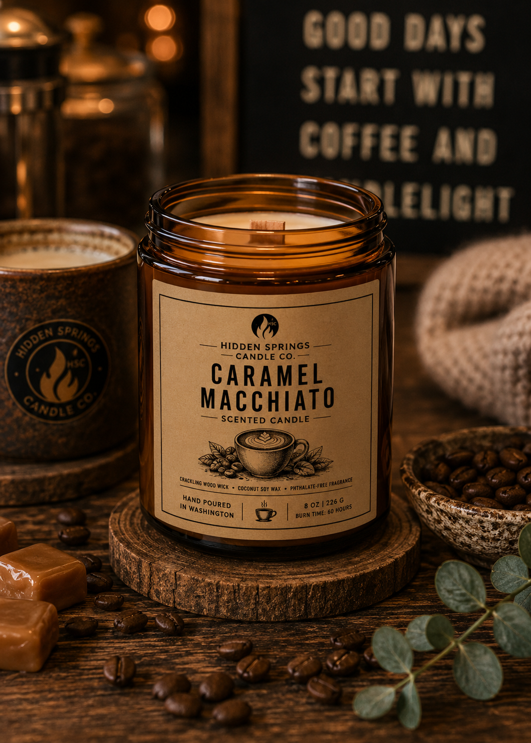 Caramel Macchiato | 8 oz Luxury Crackling Wood Wick Soy Candle