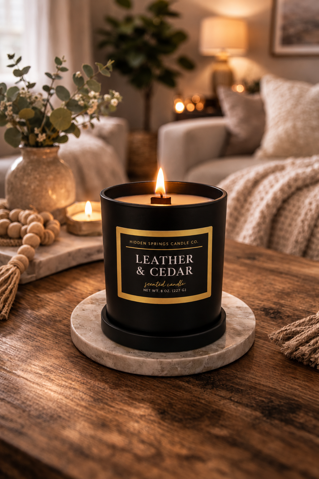 Leather & Cedar Luxury Coconut Soy Candle | Crackling Wood Wick