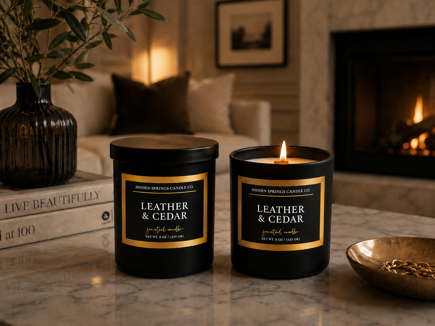 Leather & Cedar Luxury Coconut Soy Candle | Crackling Wood Wick