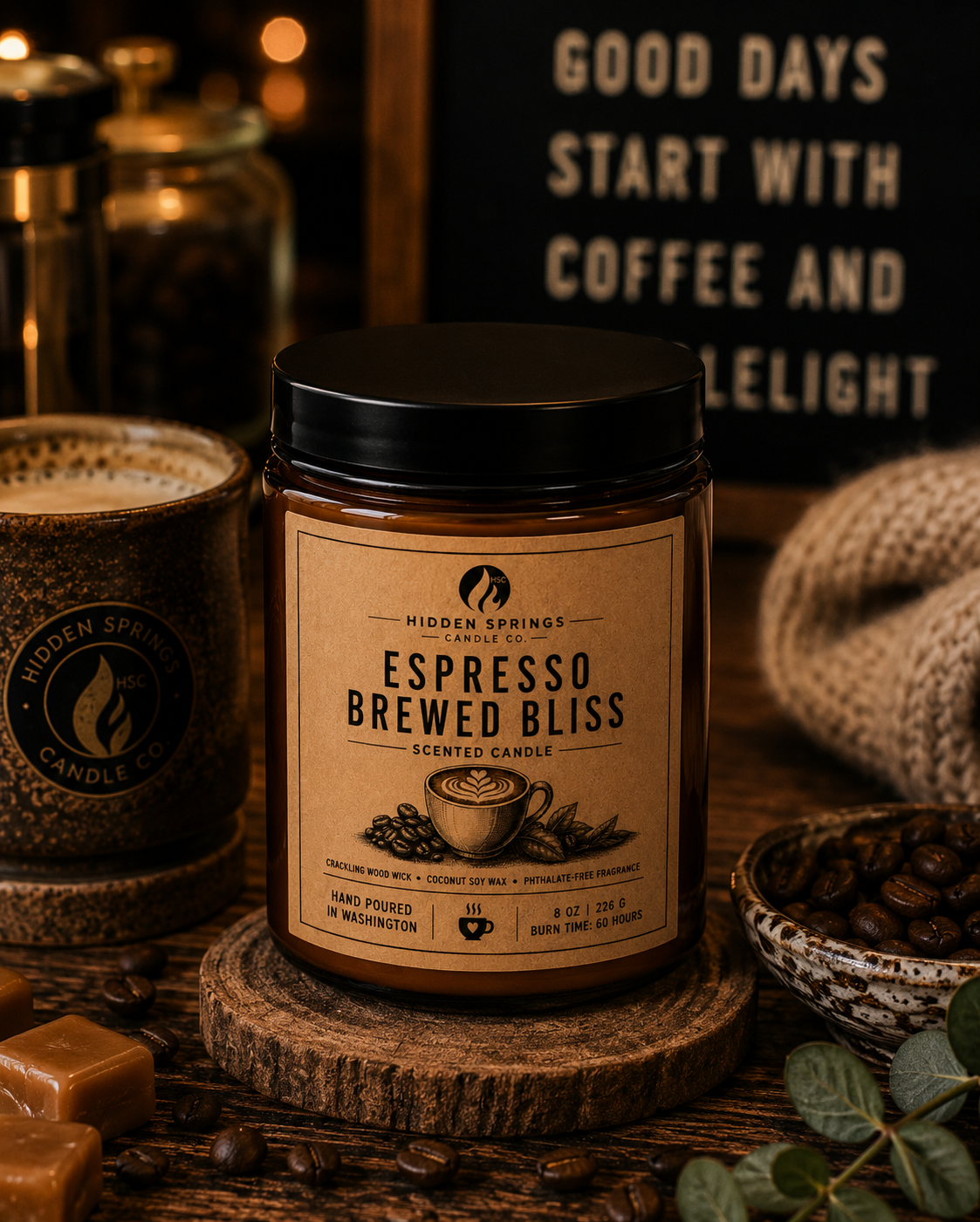 Espresso Brewed Bliss | 8 oz Luxury Crackling Wood Wick Soy Candle