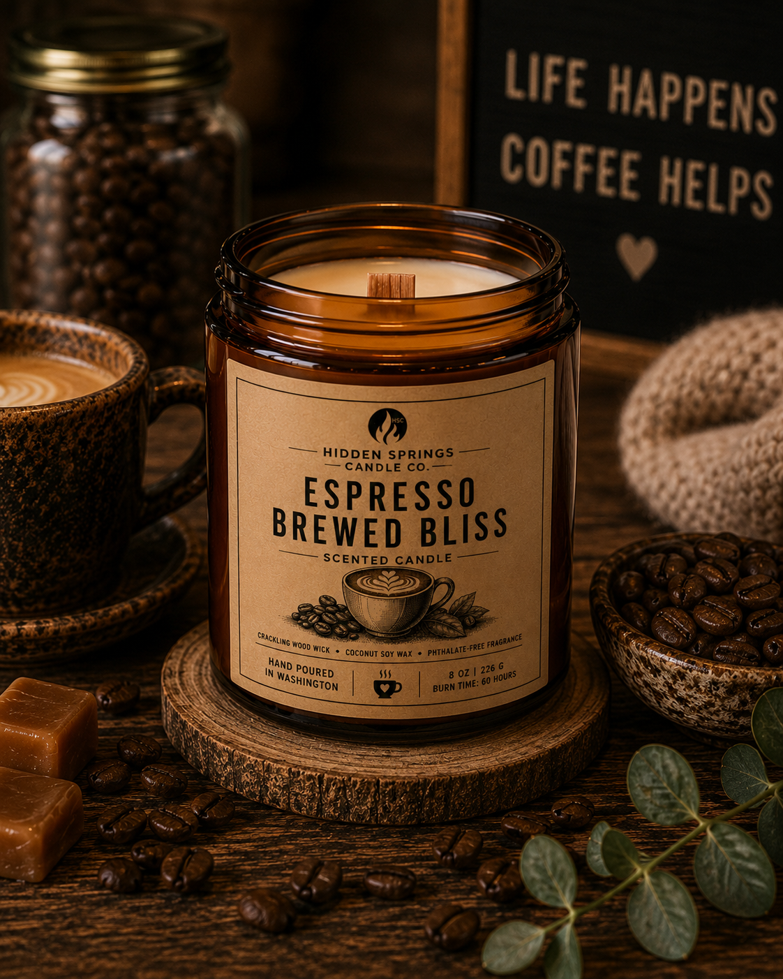 Espresso Brewed Bliss | 8 oz Luxury Crackling Wood Wick Soy Candle