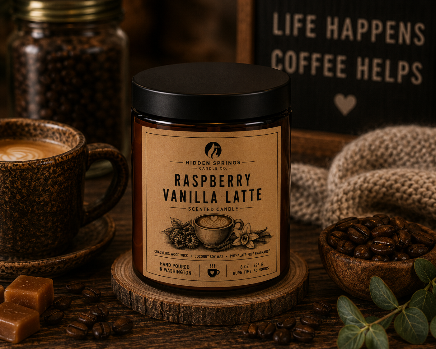 Raspberry Vanilla Latte | 8 oz Luxury Crackling Wood Wick Soy Candle