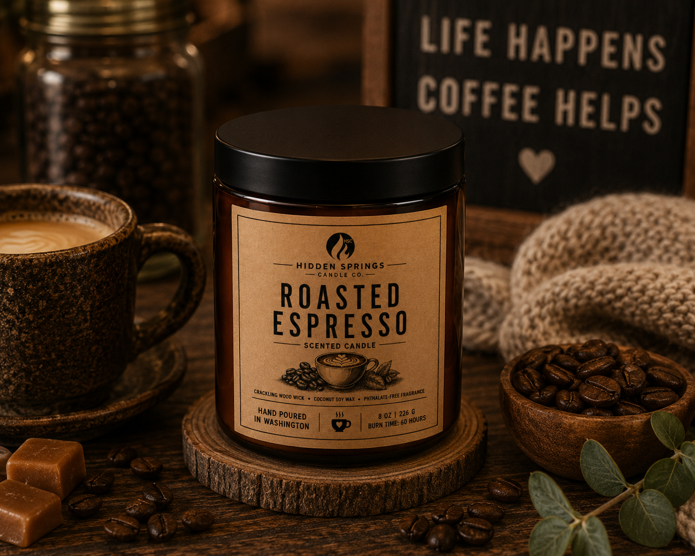 Roasted Espresso | 8 oz Luxury Crackling Wood Wick Soy Candle