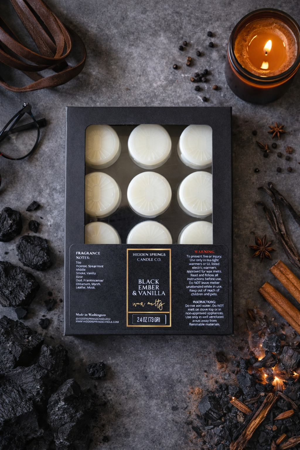 Black Ember & Vanilla Wax Melts-Hidden Springs Candle Co