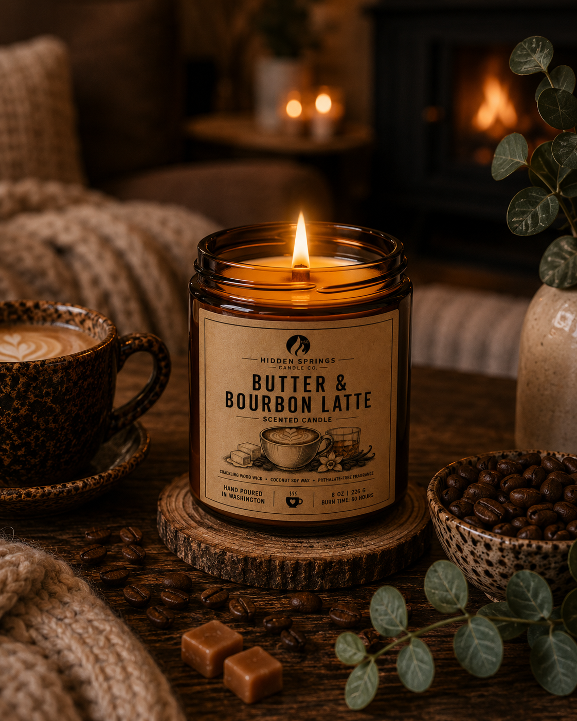Butter & Bourbon Latte | 8 oz Luxury Crackling Wood Wick Soy Candle