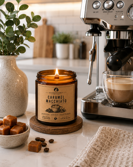 Caramel Macchiato | 8 oz Luxury Crackling Wood Wick Soy Candle