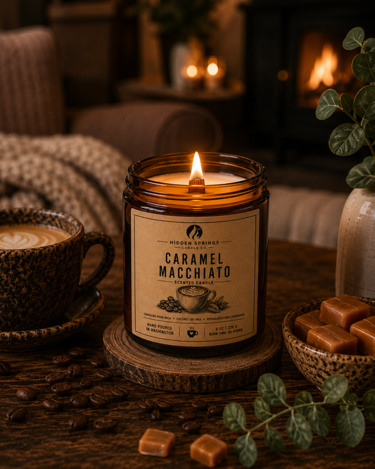 Caramel Macchiato | 8 oz Luxury Crackling Wood Wick Soy Candle