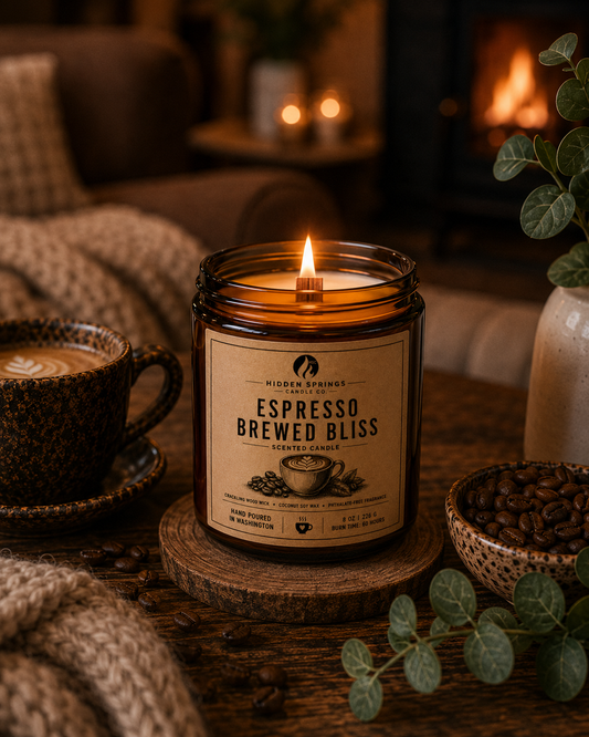 Espresso Brewed Bliss | 8 oz Luxury Crackling Wood Wick Soy Candle