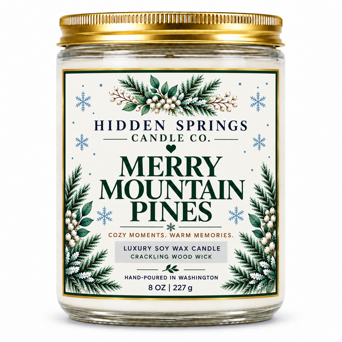 Merry Mountain Pines Crackling Wood Wick Candle | Hidden Springs Candle Co.