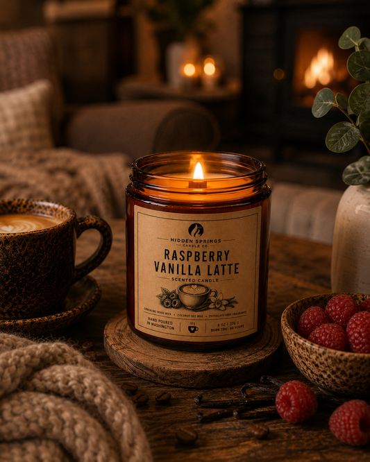 Raspberry Vanilla Latte | 8 oz Luxury Crackling Wood Wick Soy Candle