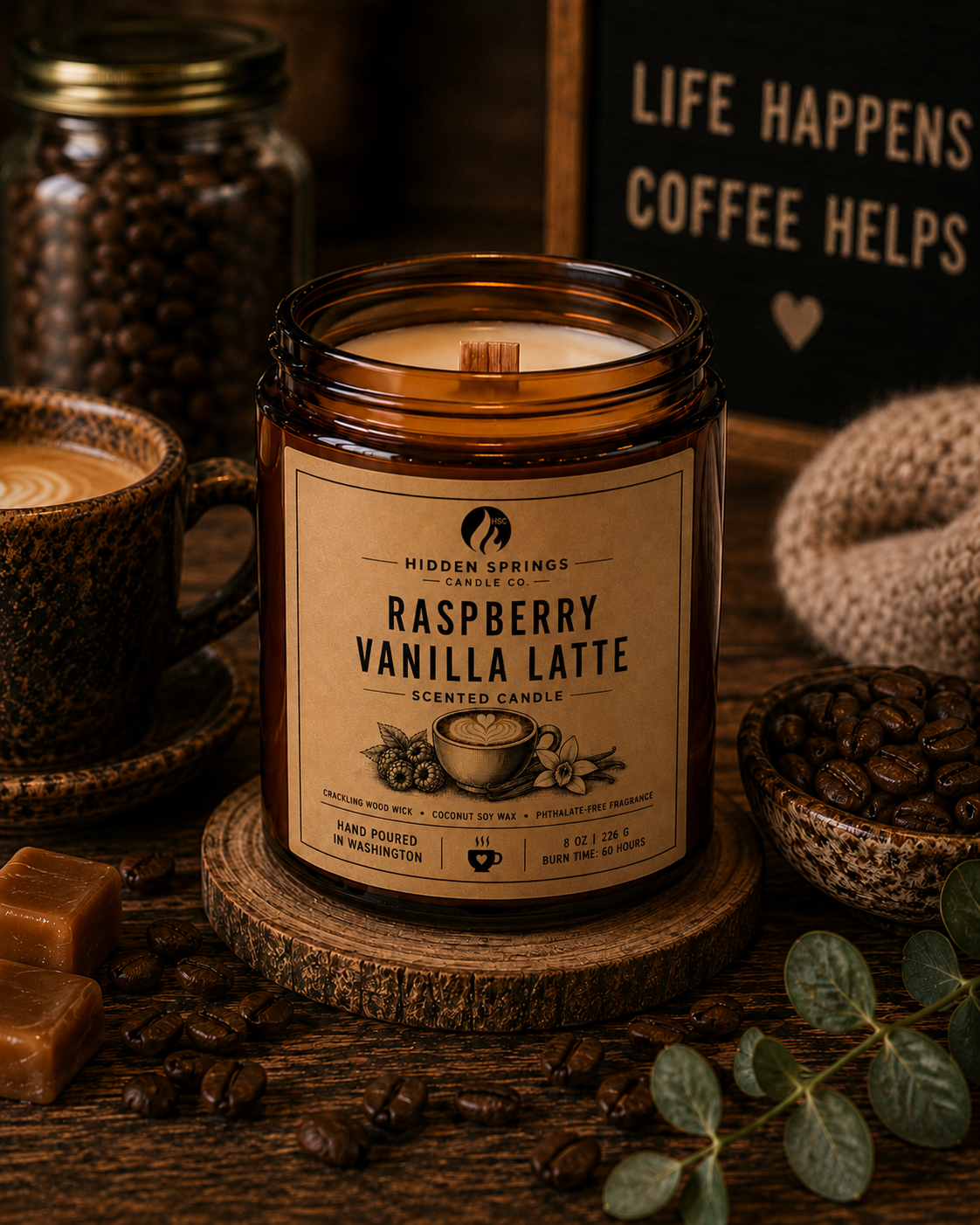 Raspberry Vanilla Latte | 8 oz Luxury Crackling Wood Wick Soy Candle