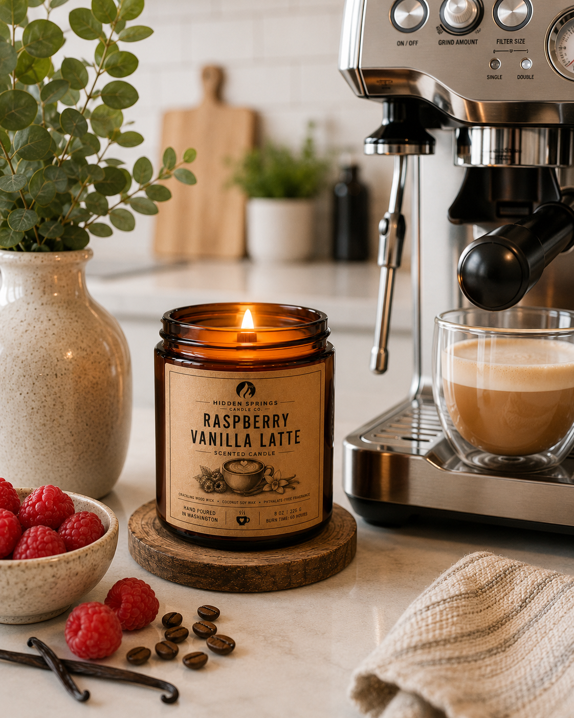 Raspberry Vanilla Latte | 8 oz Luxury Crackling Wood Wick Soy Candle