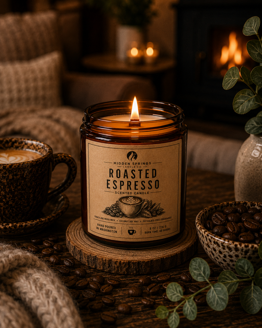 Roasted Espresso | 8 oz Luxury Crackling Wood Wick Soy Candle