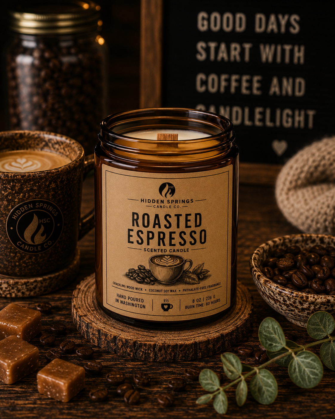 Roasted Espresso | 8 oz Luxury Crackling Wood Wick Soy Candle