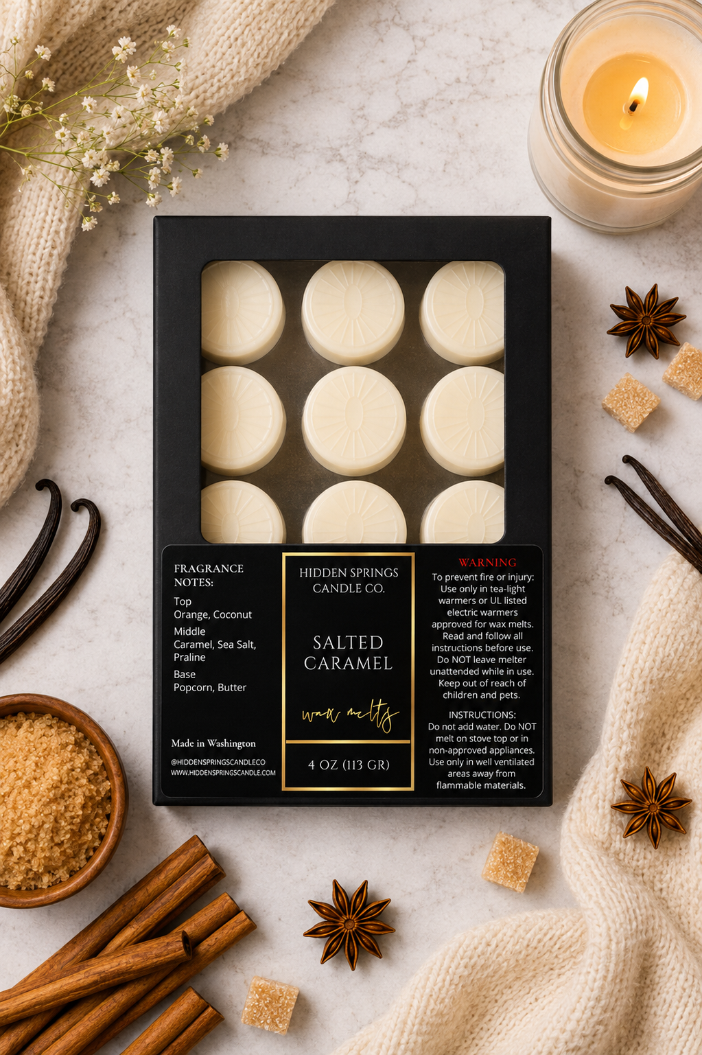 Salted Caramel 12-Pack Soy Wax Melts | Hand-Poured Coconut Soy Wax Melts