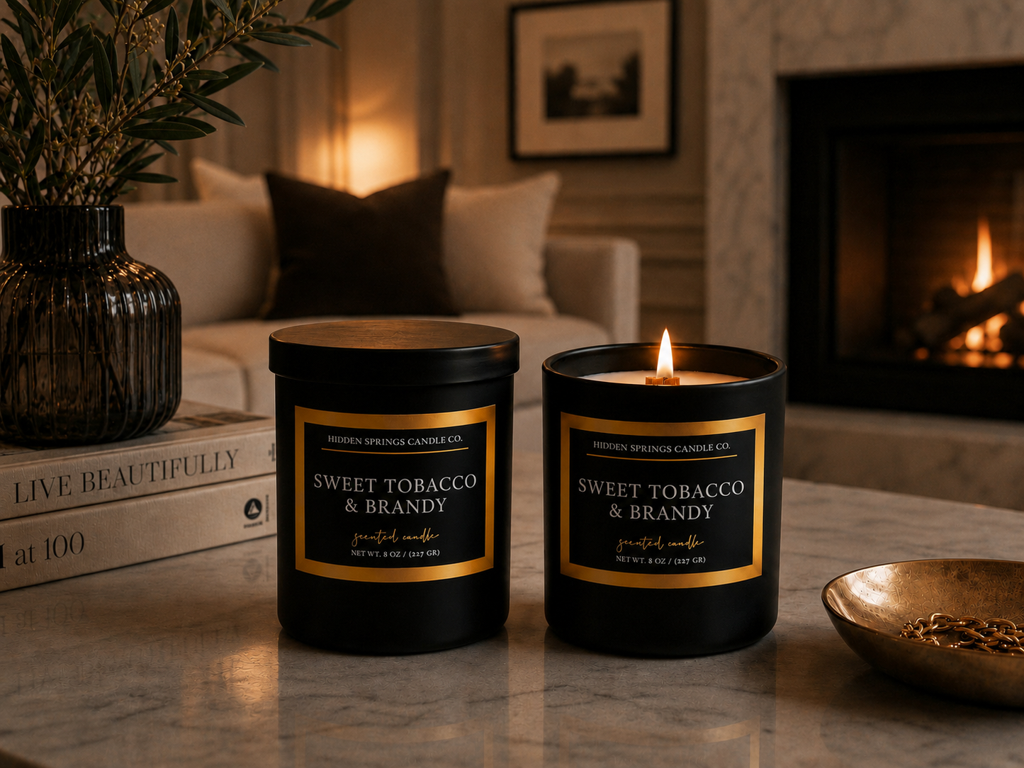 Sweet Tobacco & Brandy Luxury Coconut Soy Candle | Crackling Wood Wick