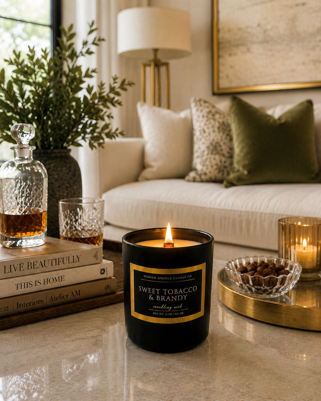Sweet Tobacco & Brandy Luxury Coconut Soy Candle | Crackling Wood Wick